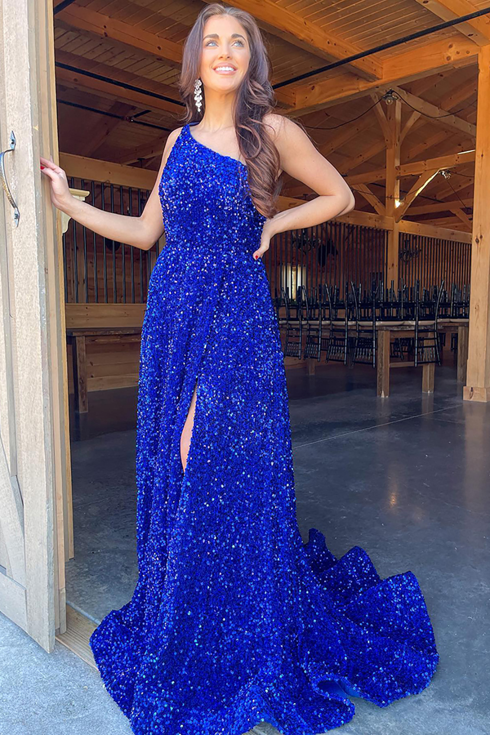 Sparkly Royal Blue One Shoulder A-Line Sequins Long Prom Dress with Slit