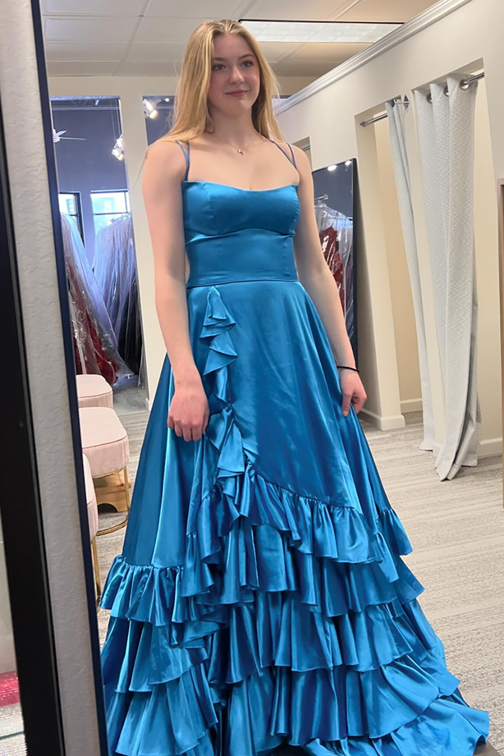 Royal Blue Spaghetti Straps Backless A-Line Satin Tiered Long Prom Dress 