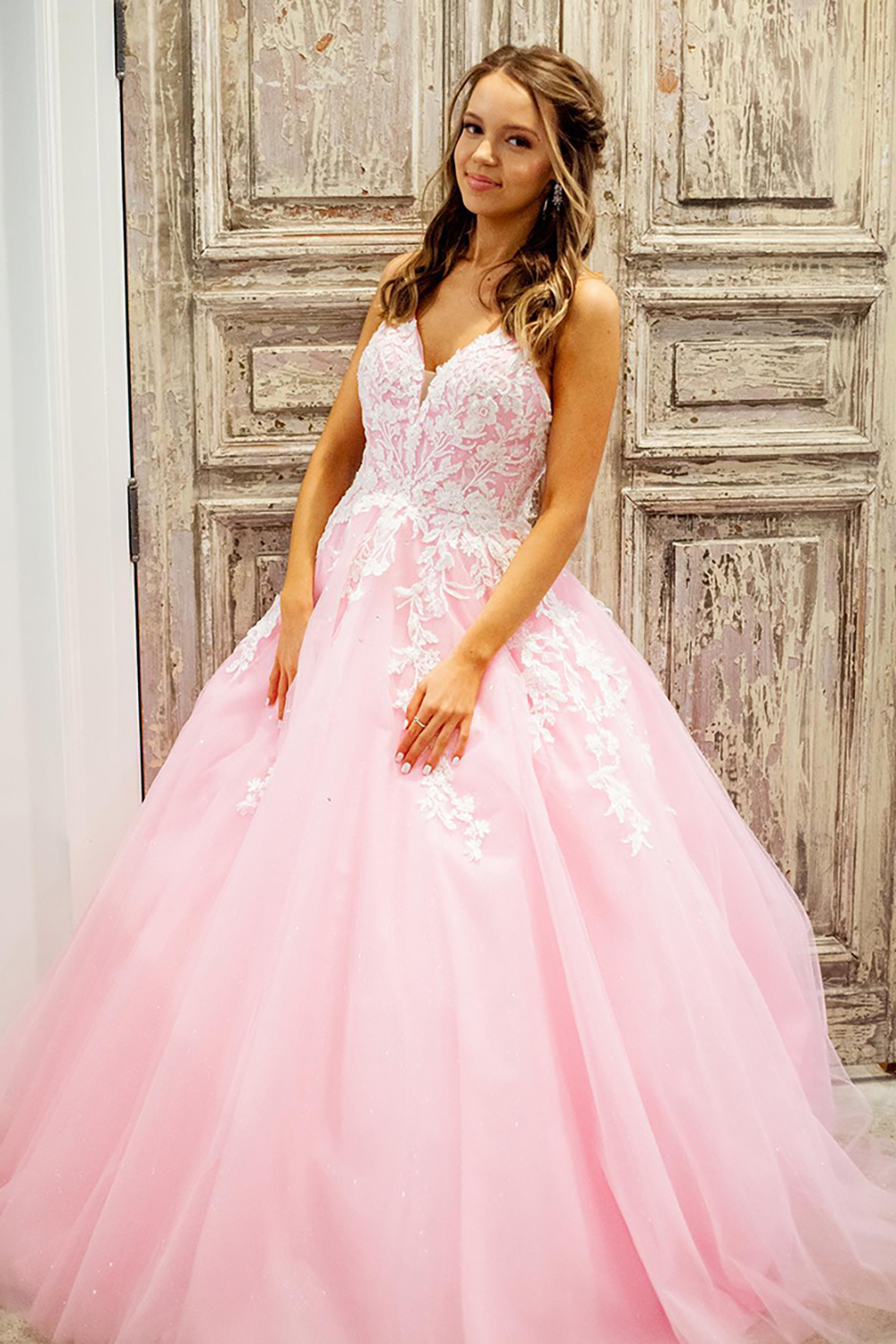 Pink Spaghetti Straps Princess Tulle Long Prom Dress with Appliques