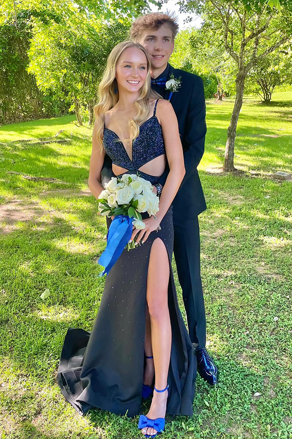 Glitter Black Spaghetti Straps Beaded Mermaid Long Prom Dress with Slit