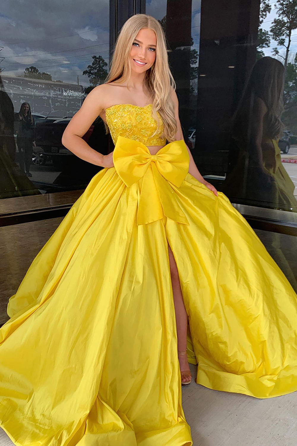 Yellow 2 Pieces Sweetheart Princess Satin Applique Long Prom Dress with Bow