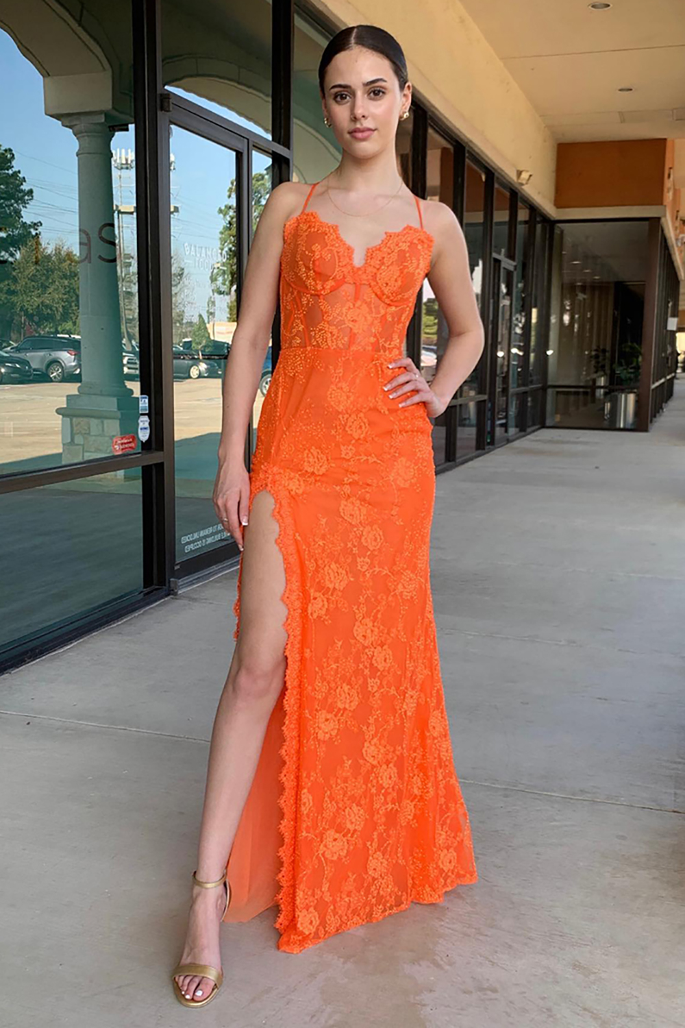 Orange Spaghetti Straps Mermaid Lace Long Corset Prom Dress with Slit