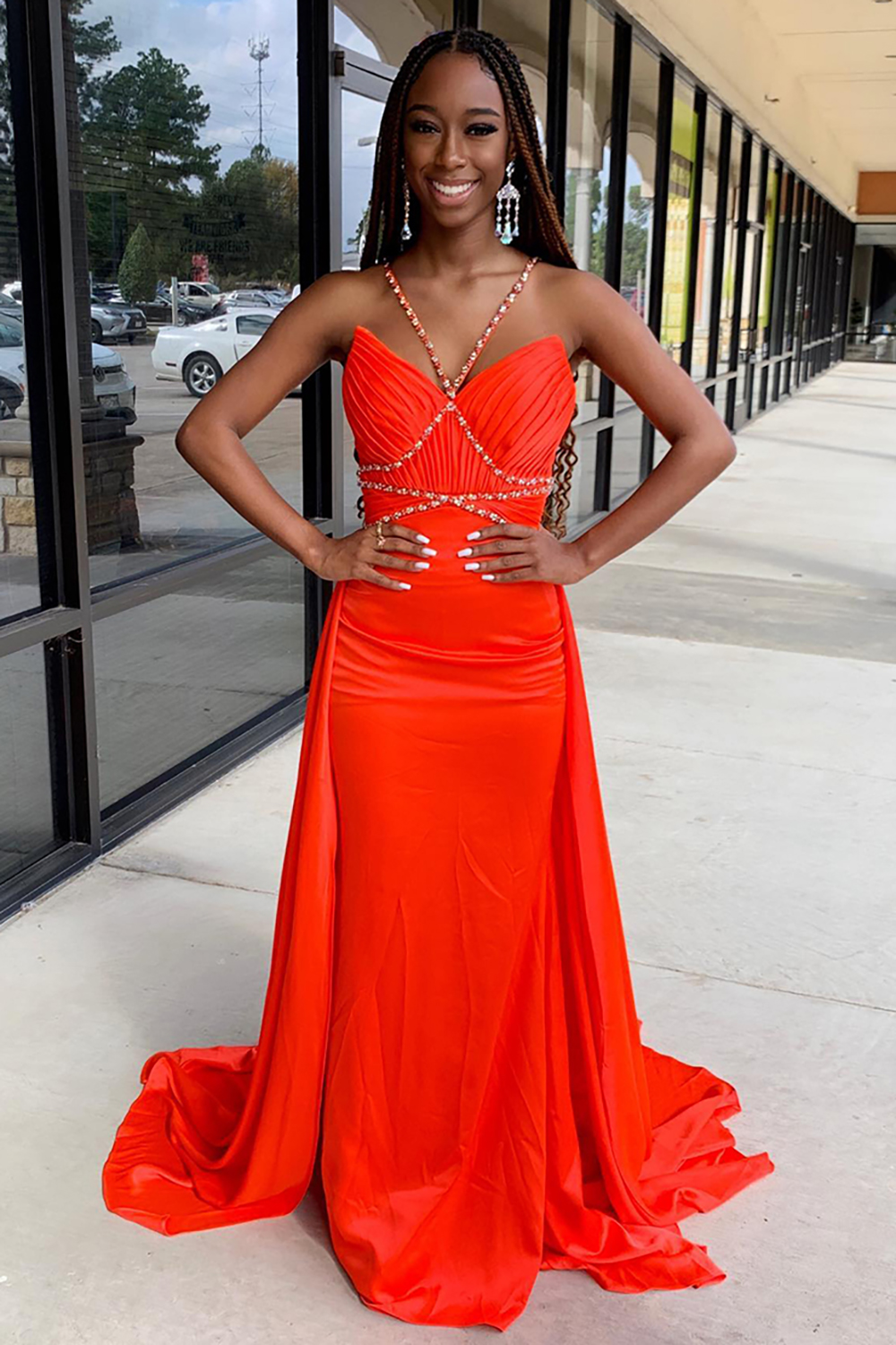 Orange Spaghetti Straps Mermaid Satin Long Prom Dress with Beading
