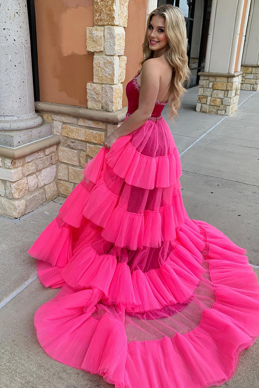 Fuchsia Strapless Mermaid Tulle Tiered Long Prom Dress with Beading