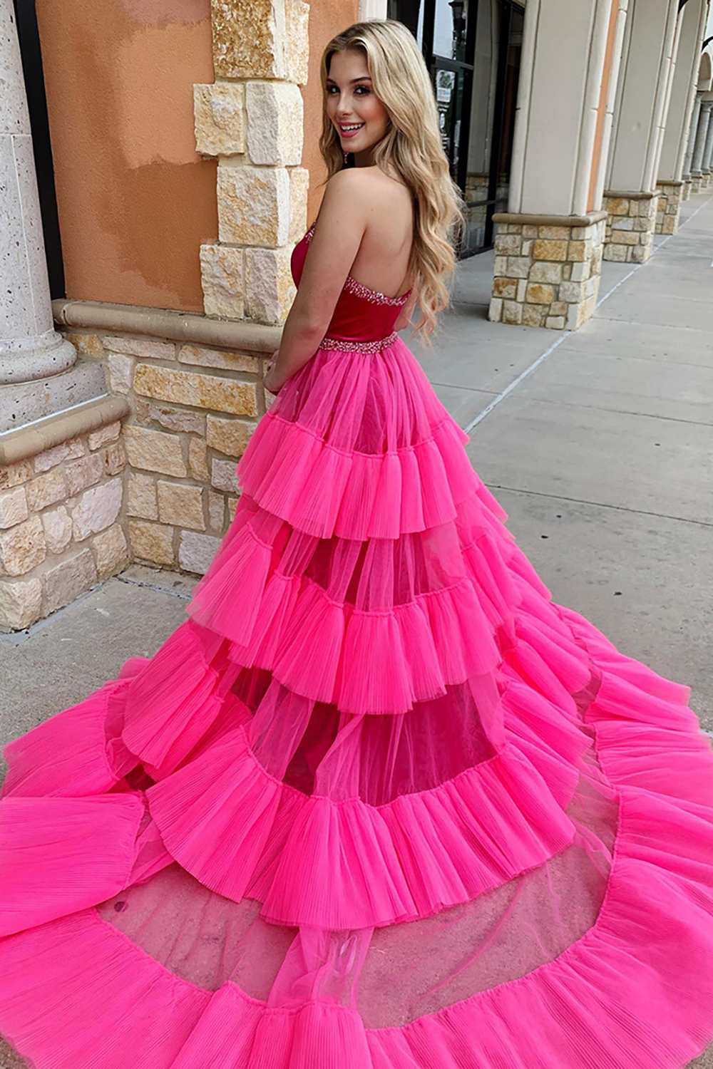 Fuchsia Strapless Mermaid Tulle Tiered Long Prom Dress with Beading