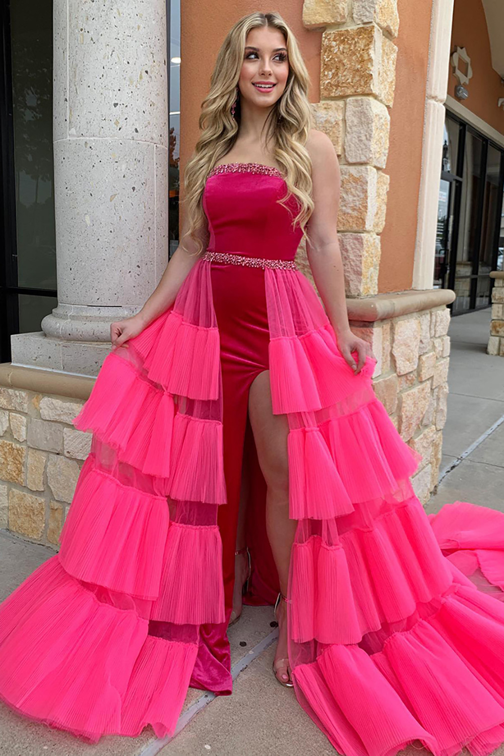 Fuchsia Strapless Mermaid Tulle Tiered Long Prom Dress with Beading