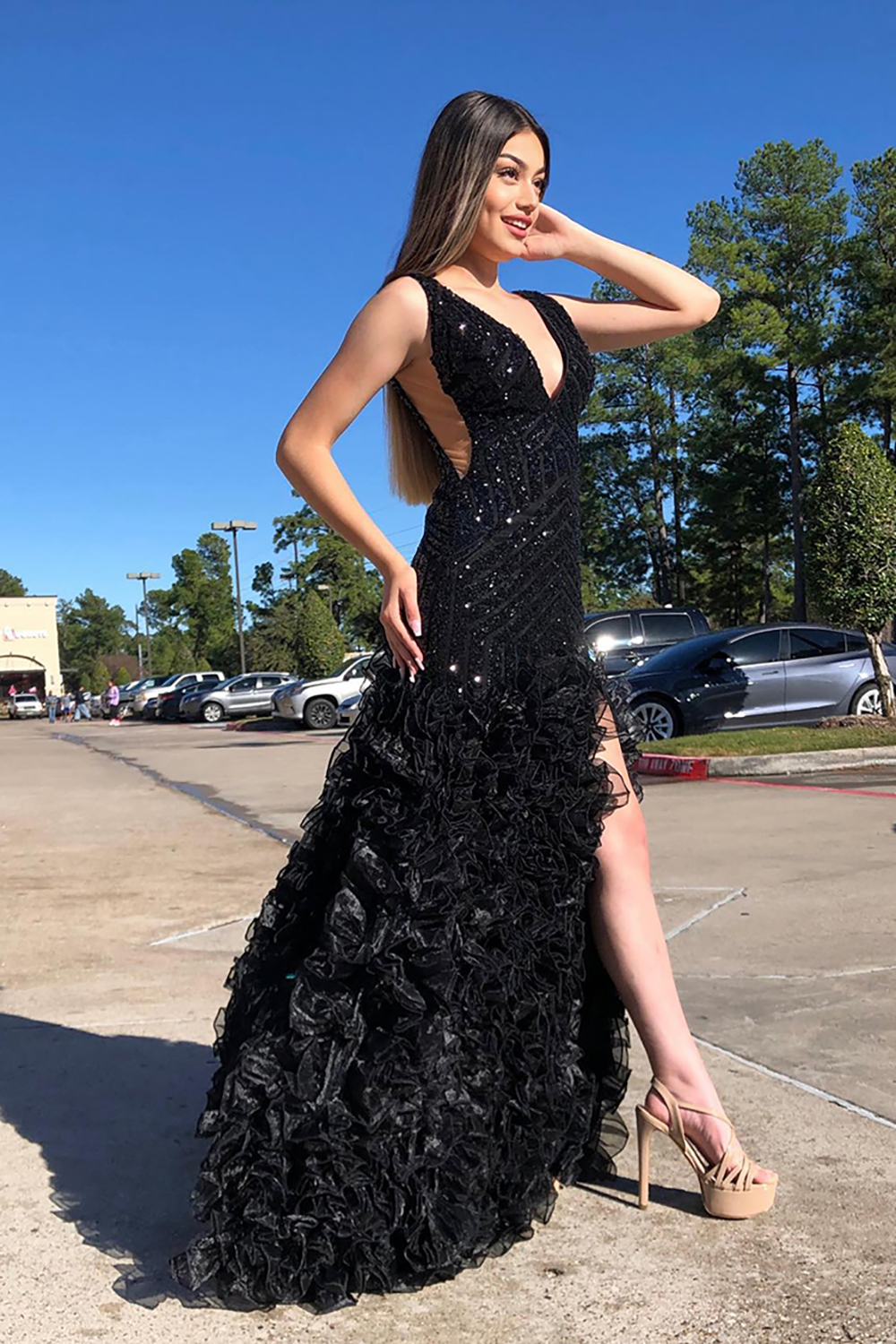 Sparkly Black V Neck Sequin A Line Tulle Tiered Long Prom Dress with Slit