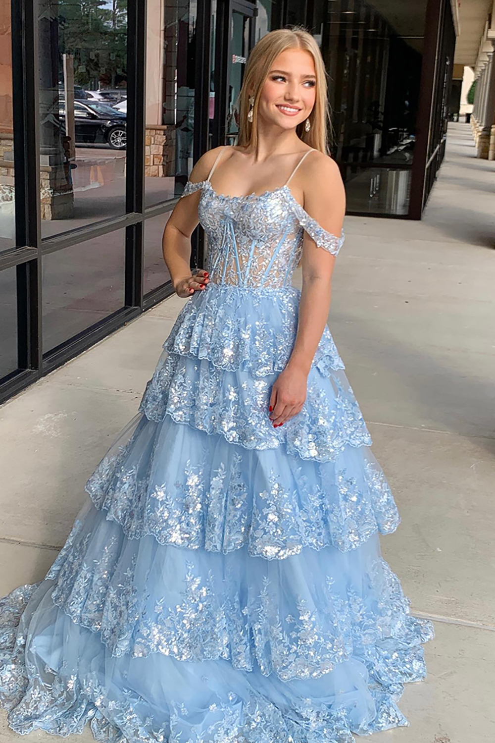 Sparkly Light Blue Sequin Princess Spaghetti Straps Tulle Tiered Long Corset Prom Dress with Appliques
