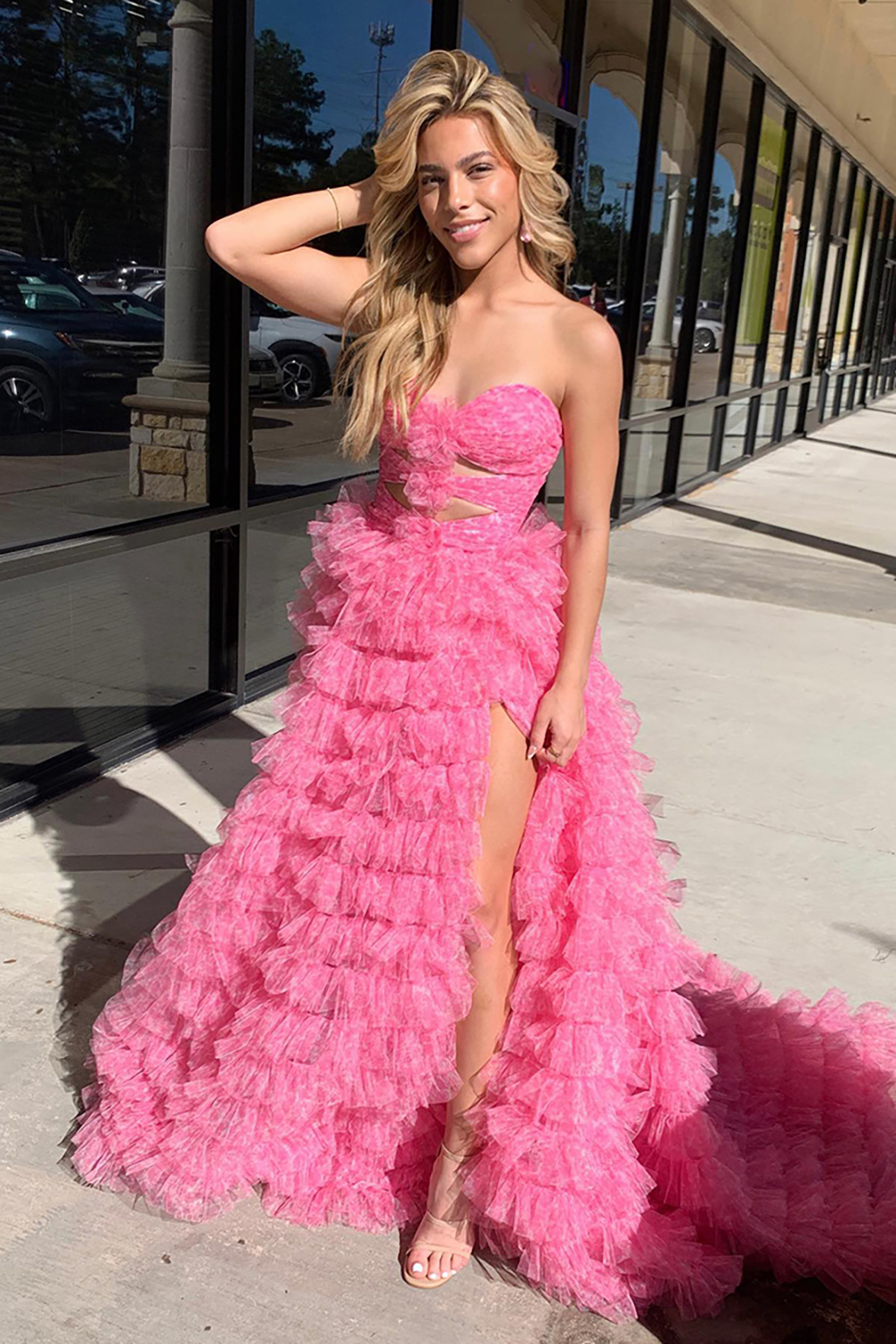 Pink Floral Sweetheart Princess Tulle Tiered Cut-out Long Prom Dress with Slit