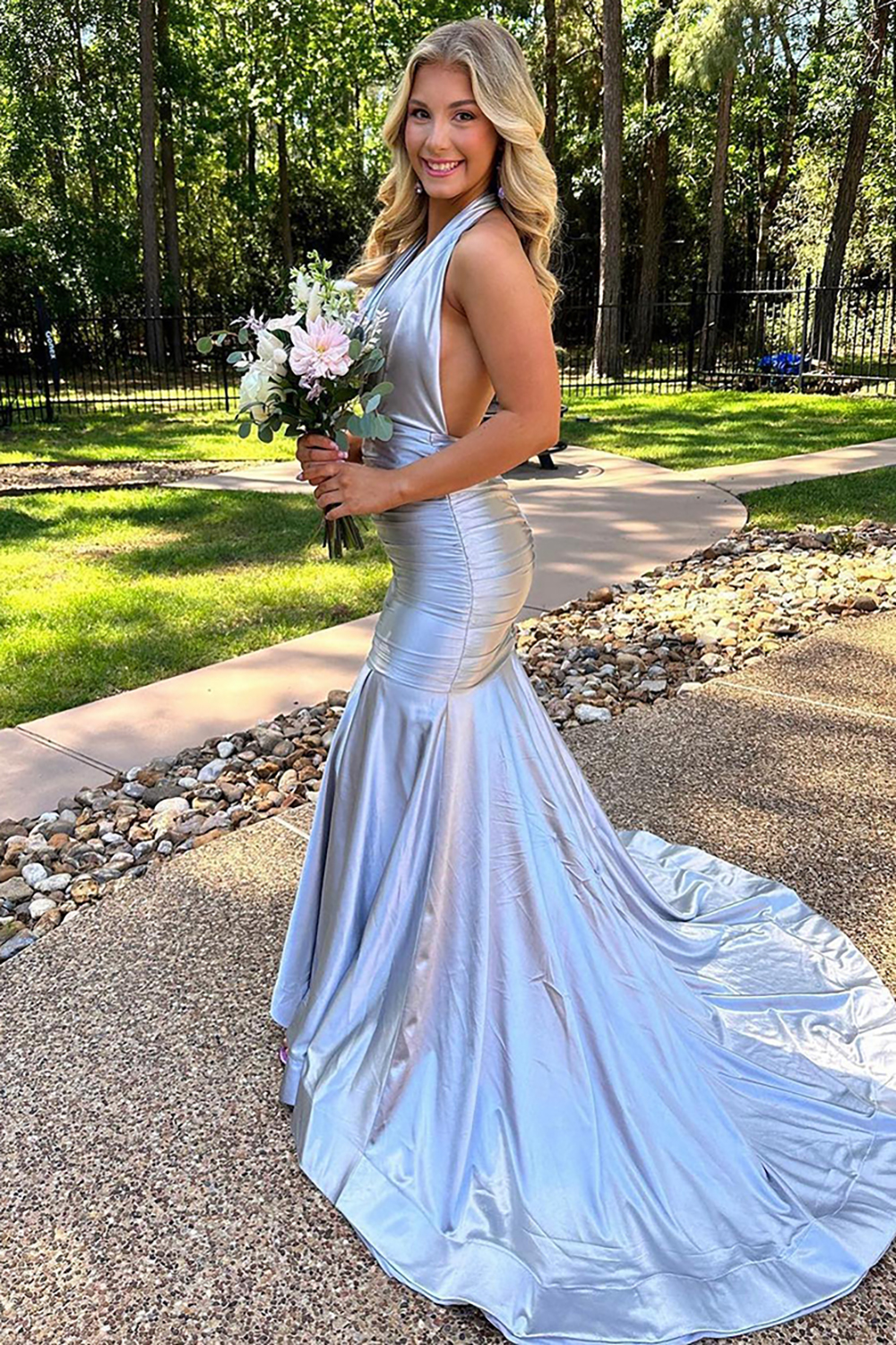 Grey Halter Neck Mermaid Metallic Long Prom Dress with Slit