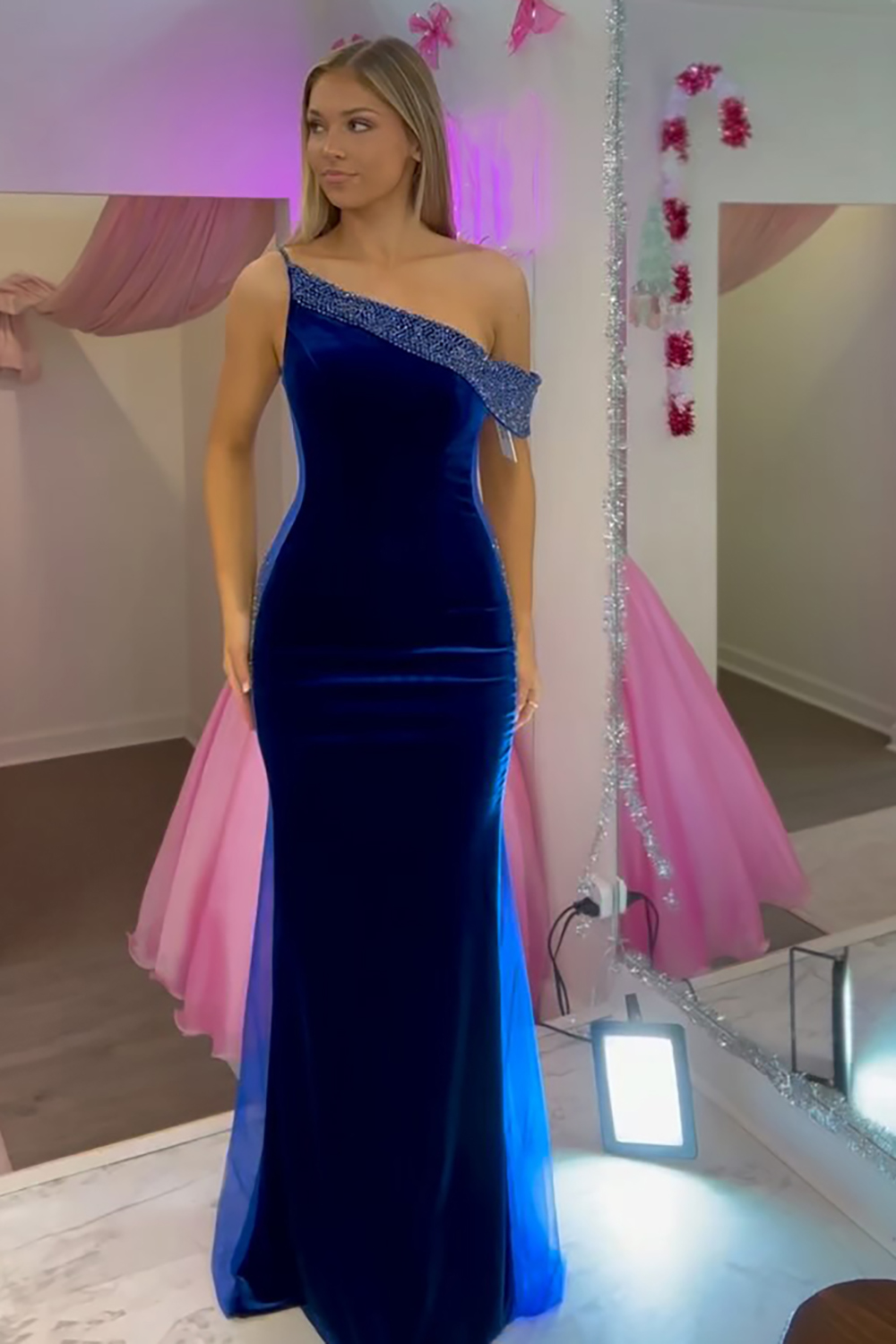 Velvet Dark Blue One Shoulder Mermaid Long Prom Dress with Beading