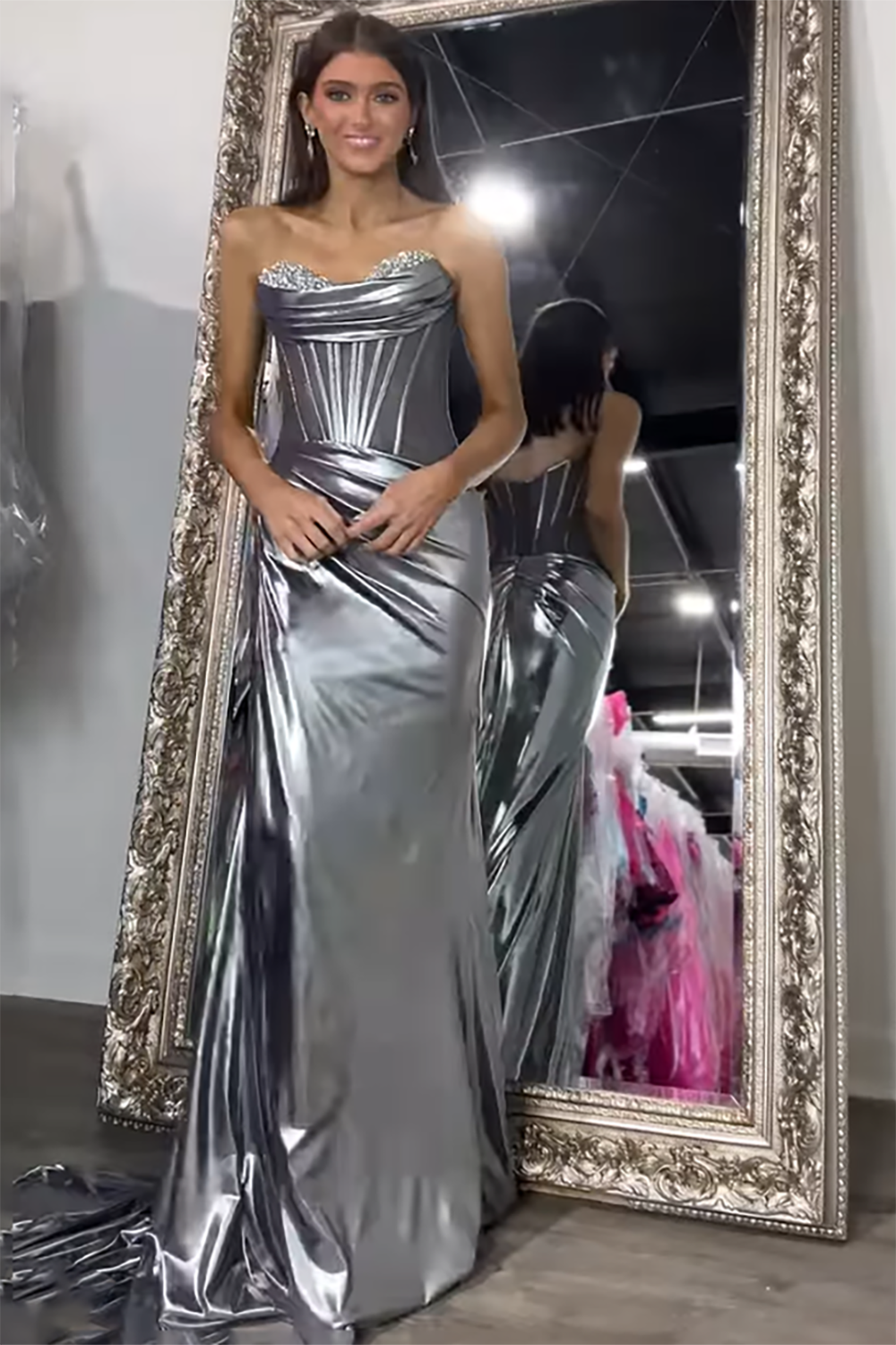Silver Metallic Sweetheart Mermaid Long Corset Prom Dress with Beading