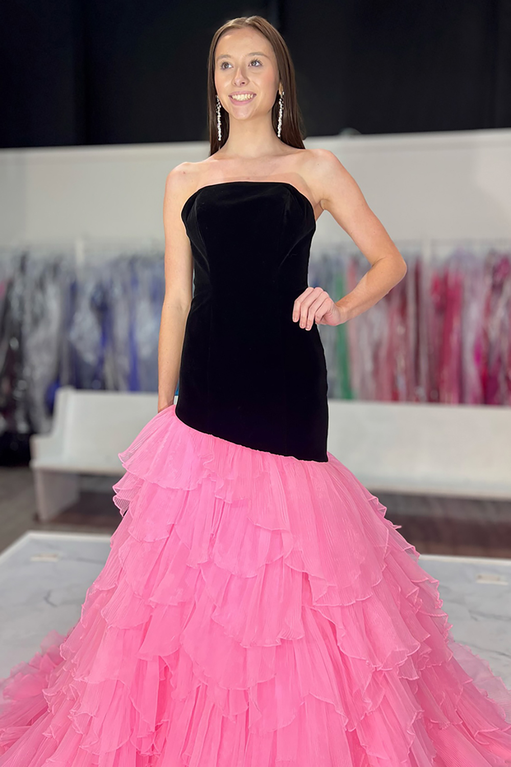 Black Pink Strapless Mermaid Tulle Tiered Long Prom Dress