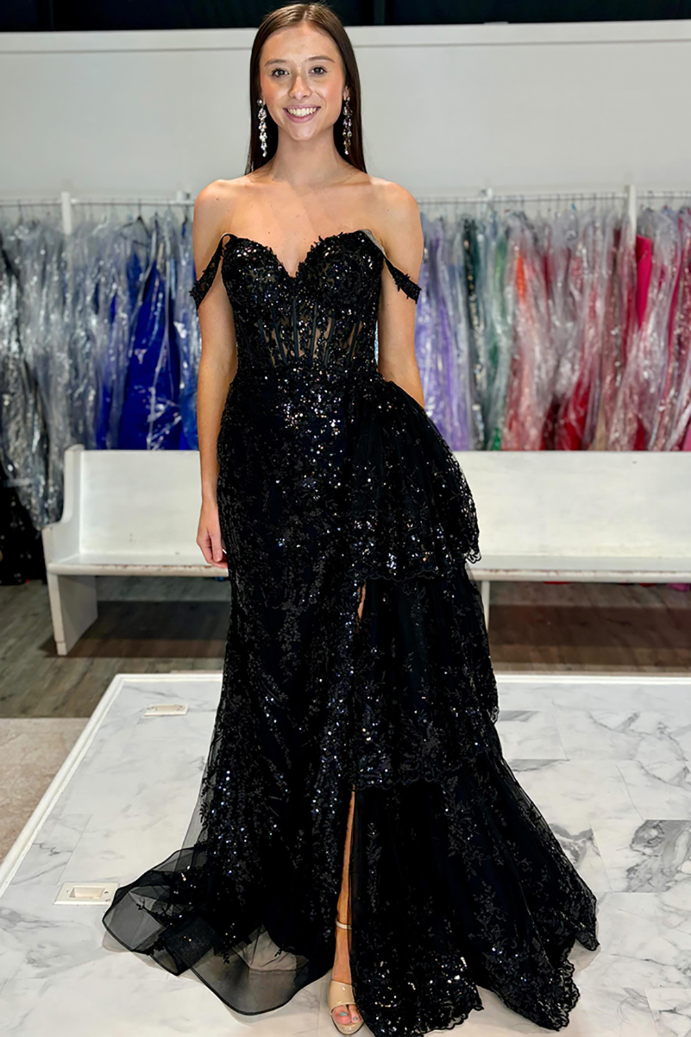 Sparkly Black Off The Shoulder Mermaid Tulle Tiered Long Corset Prom Dress with Applique