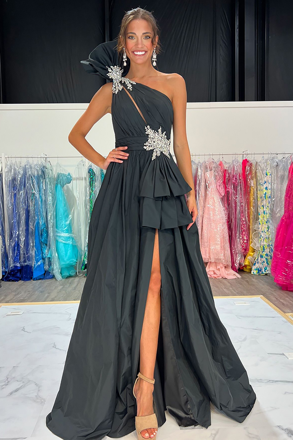 Black One Shoulder A-Line Satin Beaded Long Prom Dress with Ruffles