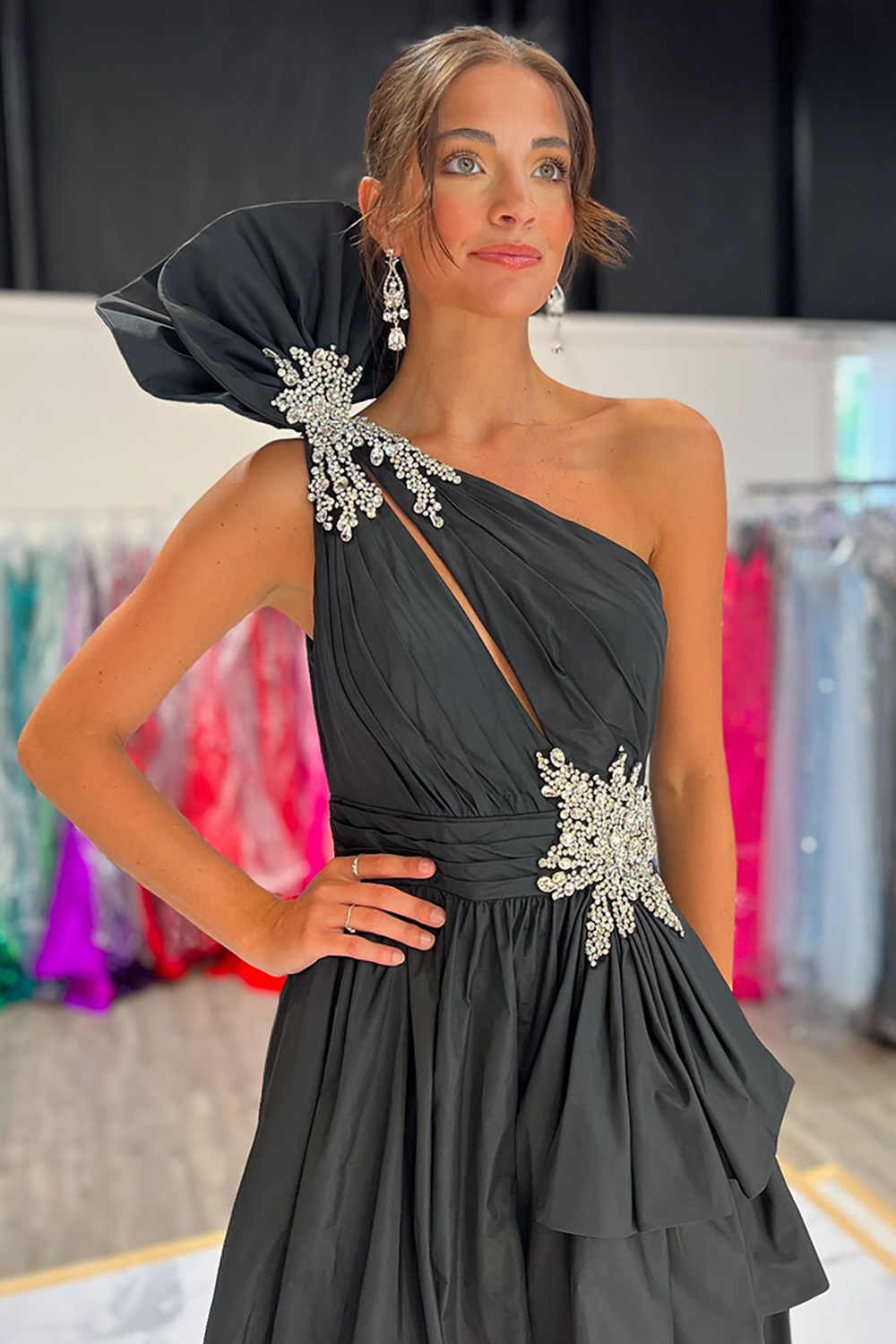 Black One Shoulder A-Line Satin Beaded Long Prom Dress with Ruffles