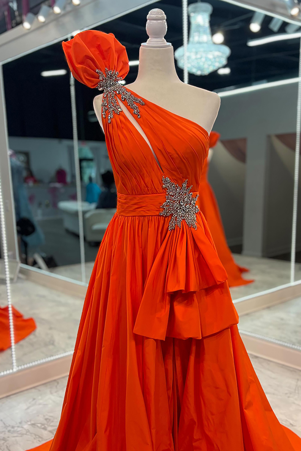 Black One Shoulder A-Line Satin Beaded Long Prom Dress with Ruffles