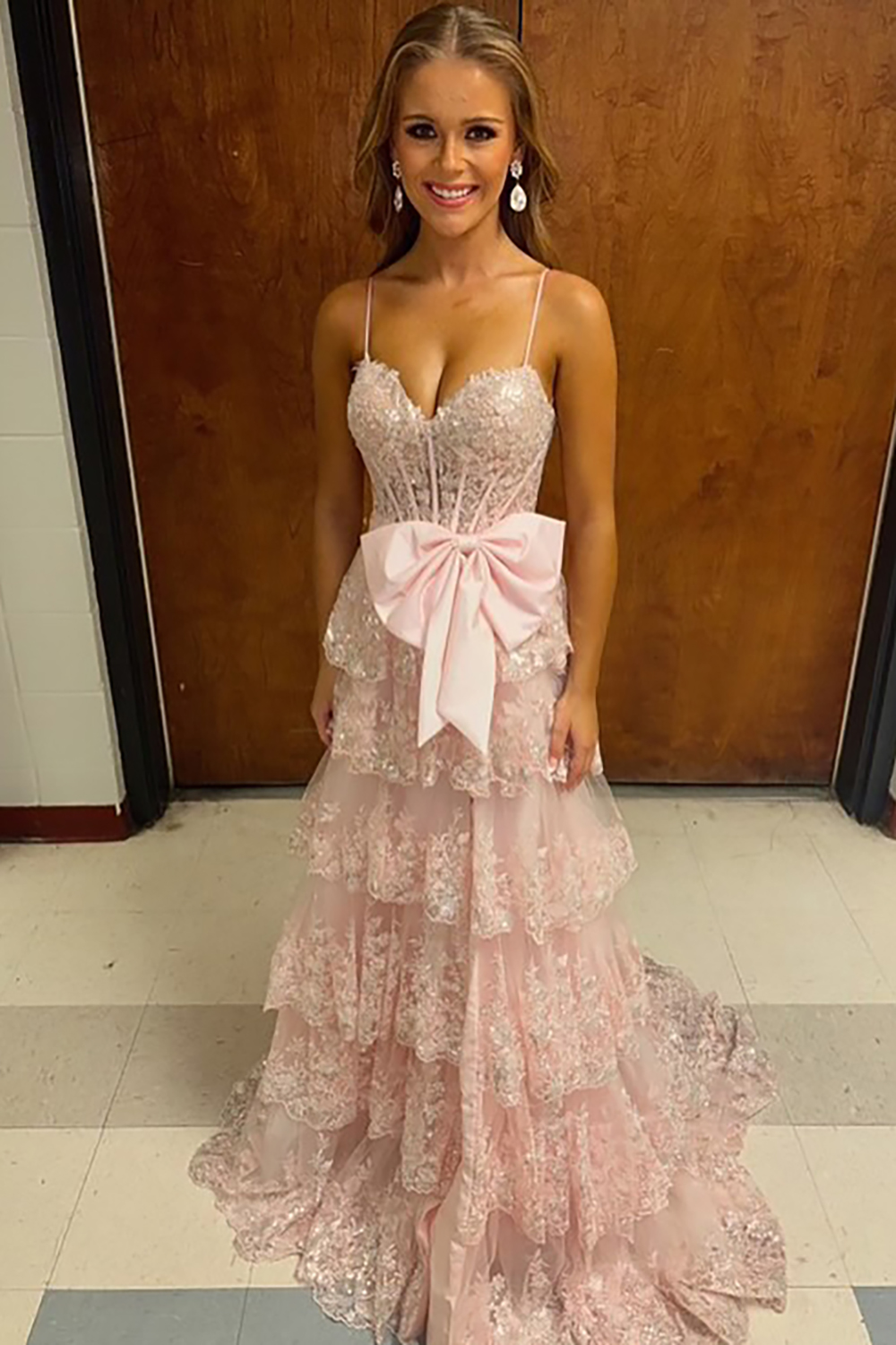 Pink Spaghetti Straps Applique Princess Tulle Tiered Long Corset Prom Dress with Bow