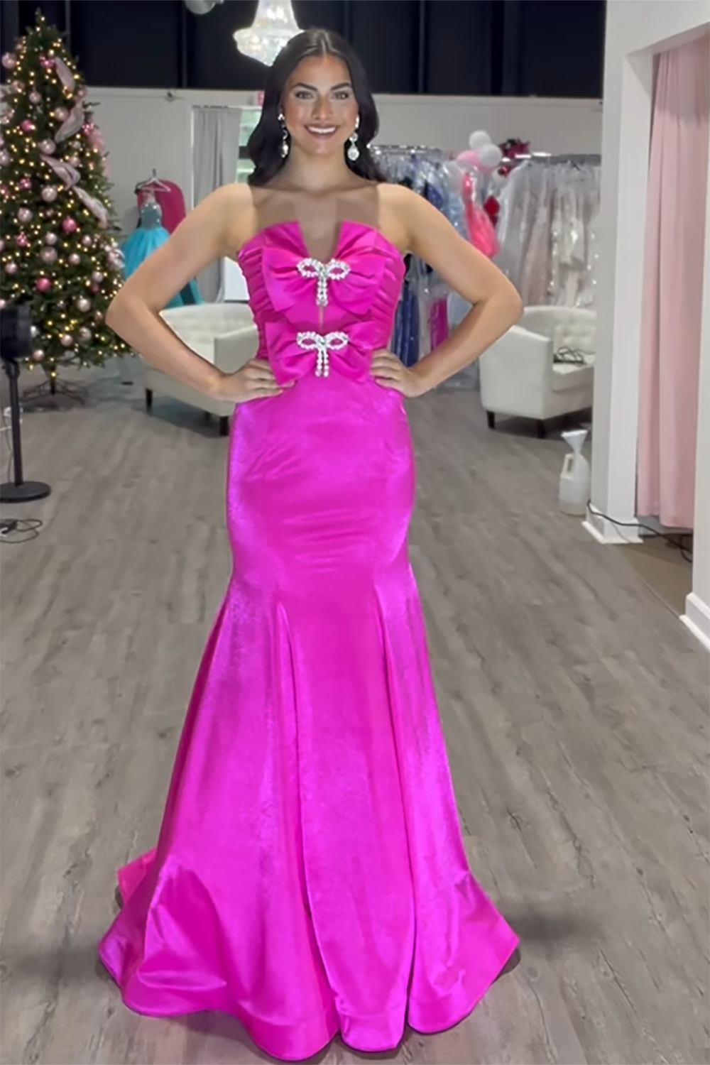 Fuchsia Sweetheart Mermaid Satin Long Prom Dress with Bow