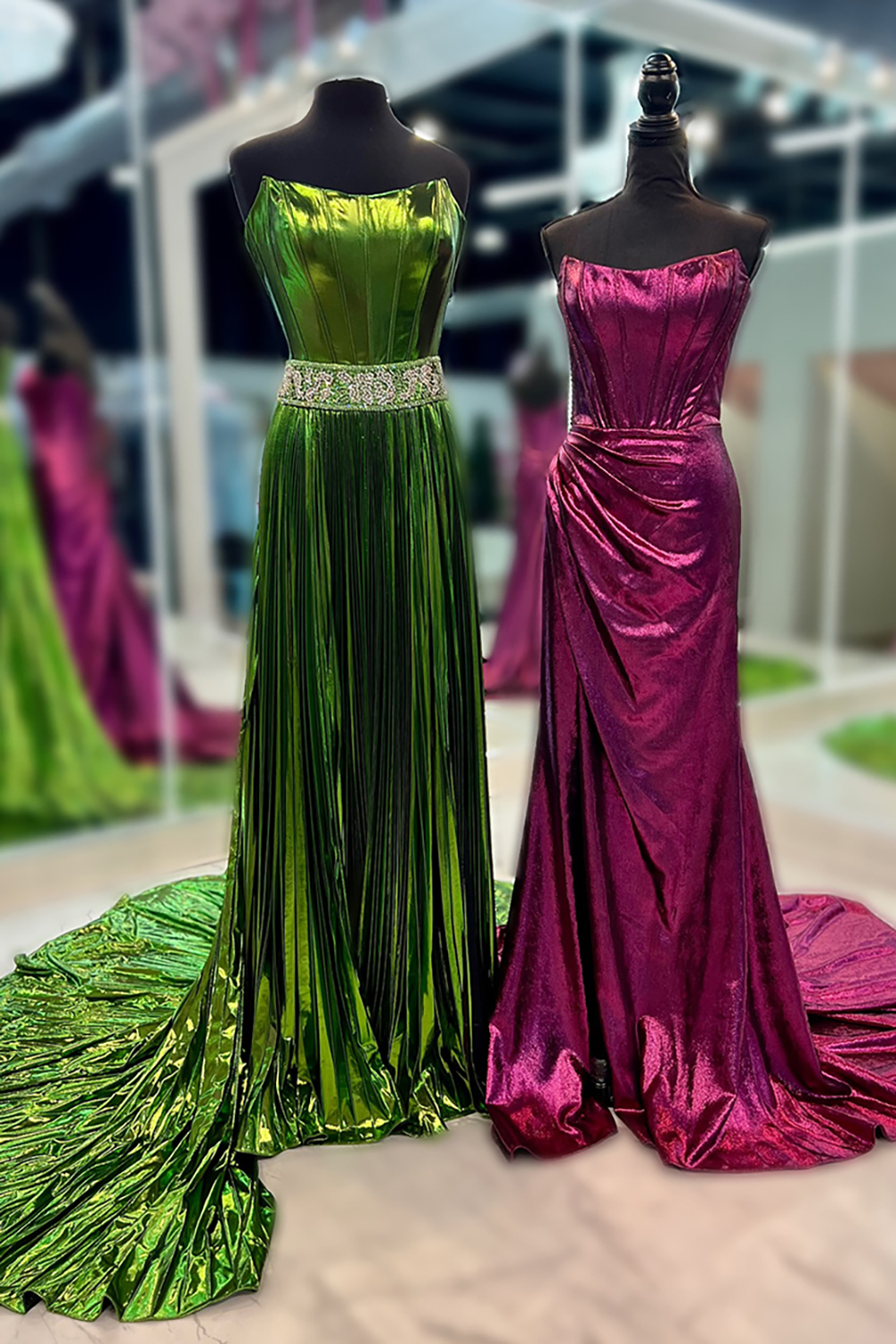 Green Sweetheart Mermaid Metallic Pleated Long Corset Prom Dress with Beading
