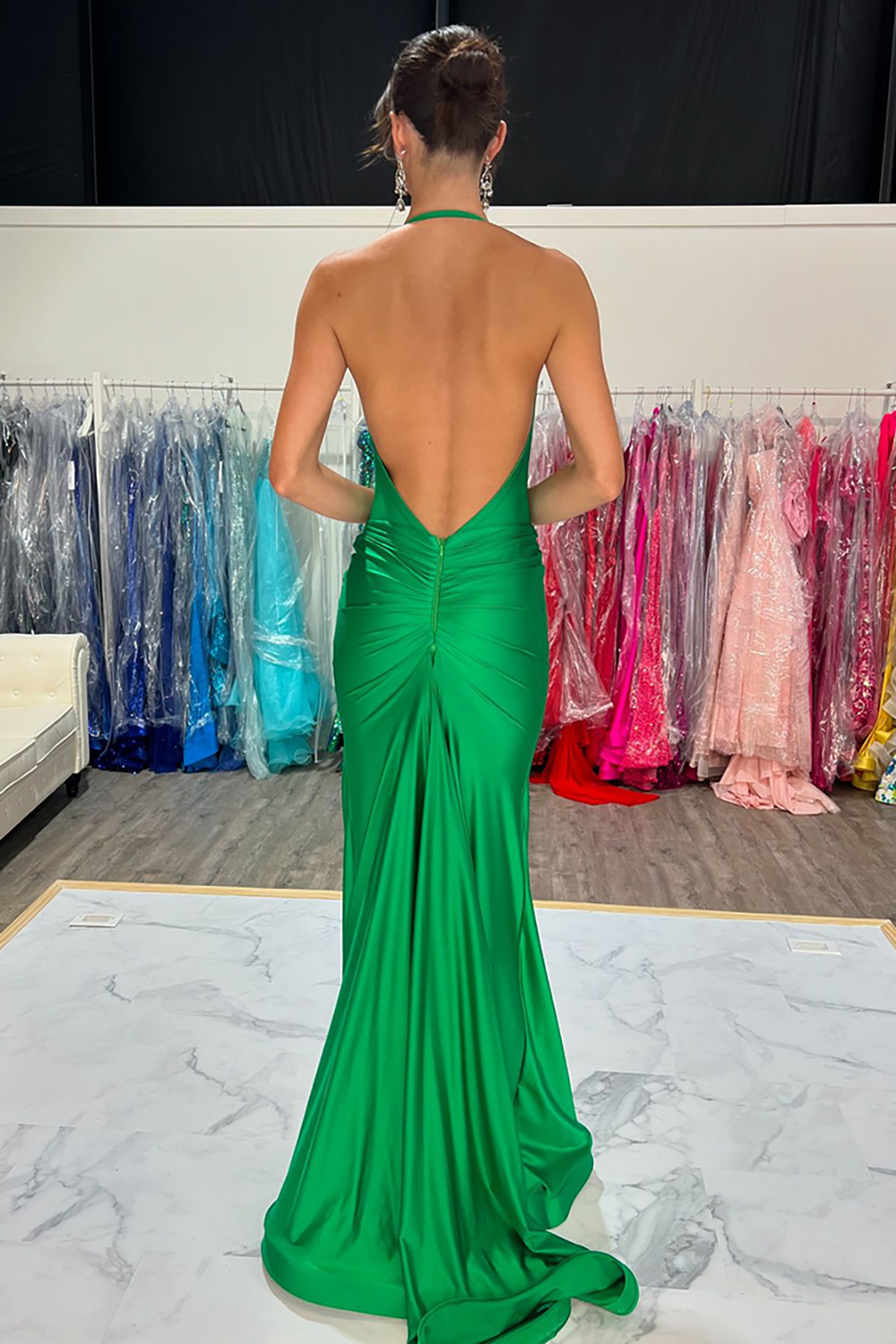 Green V Neck Mermaid Satin Backless Long Prom Dress