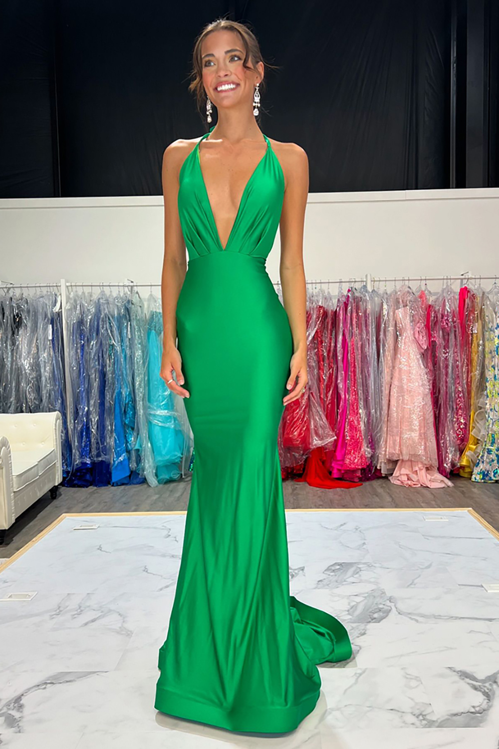 Green V Neck Mermaid Satin Backless Long Prom Dress