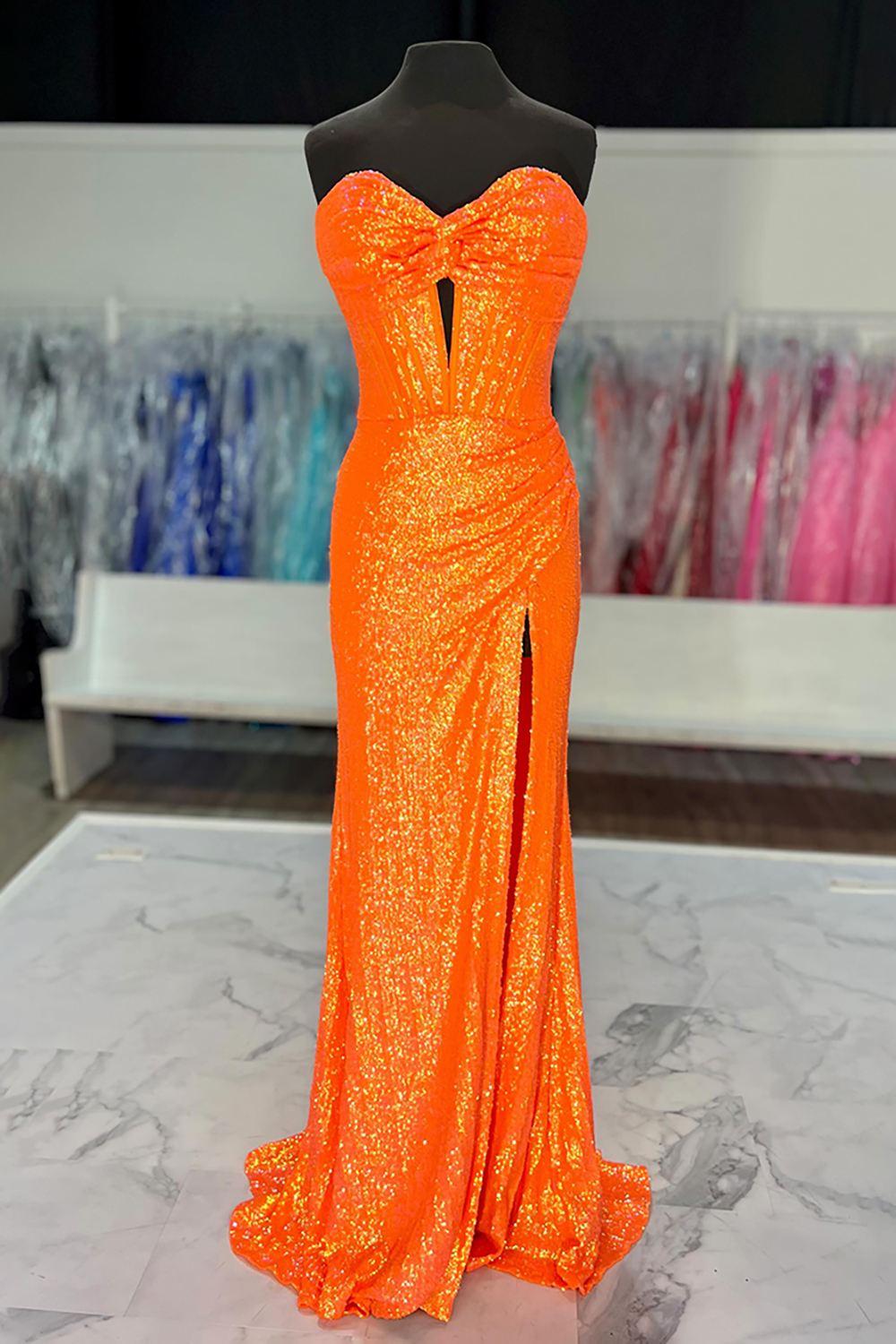 Sparkly Orange Sweetheart Mermaid Sequin Long Corset Prom Dress with Slit