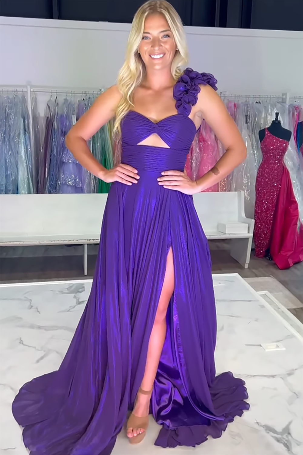 Purple One Shoulder A Line Cut-out Long Prom Dress with Slit