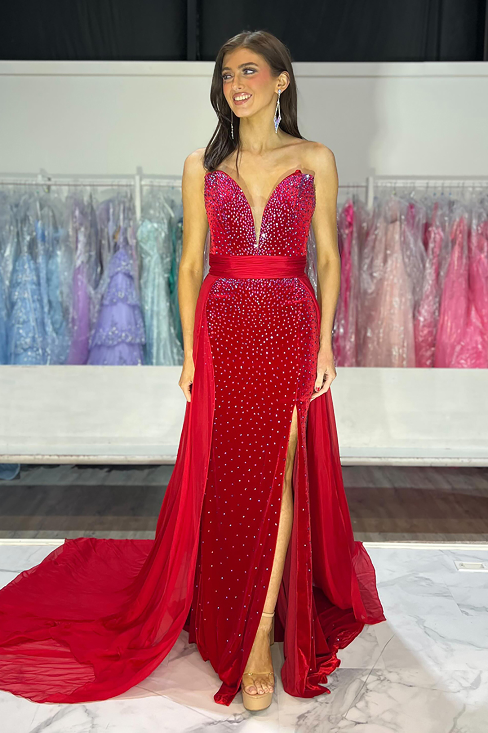 Sparkly Red Sweetheart Mermaid Beaded Velvet Long Prom Dress with Slit
