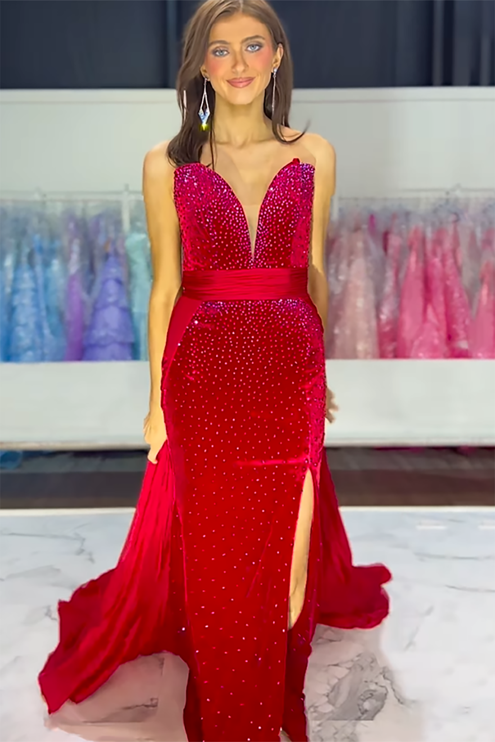 Sparkly Red Sweetheart Mermaid Beaded Velvet Long Prom Dress with Slit