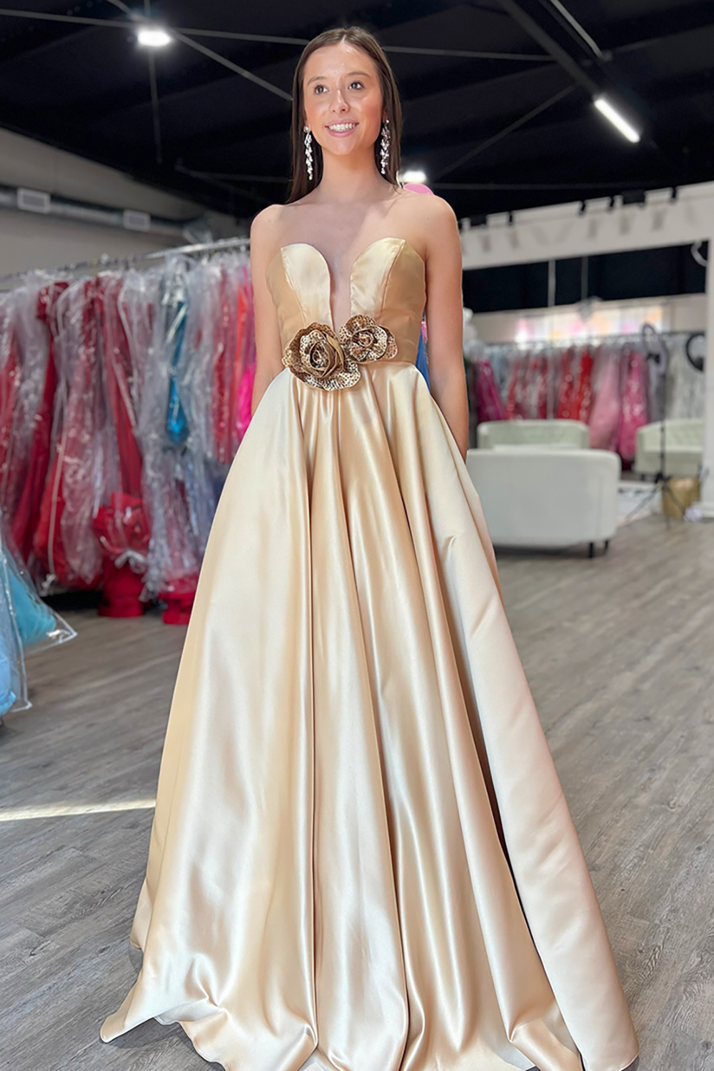 Gold Sweetheart A-Line Satin Long Prom Dress