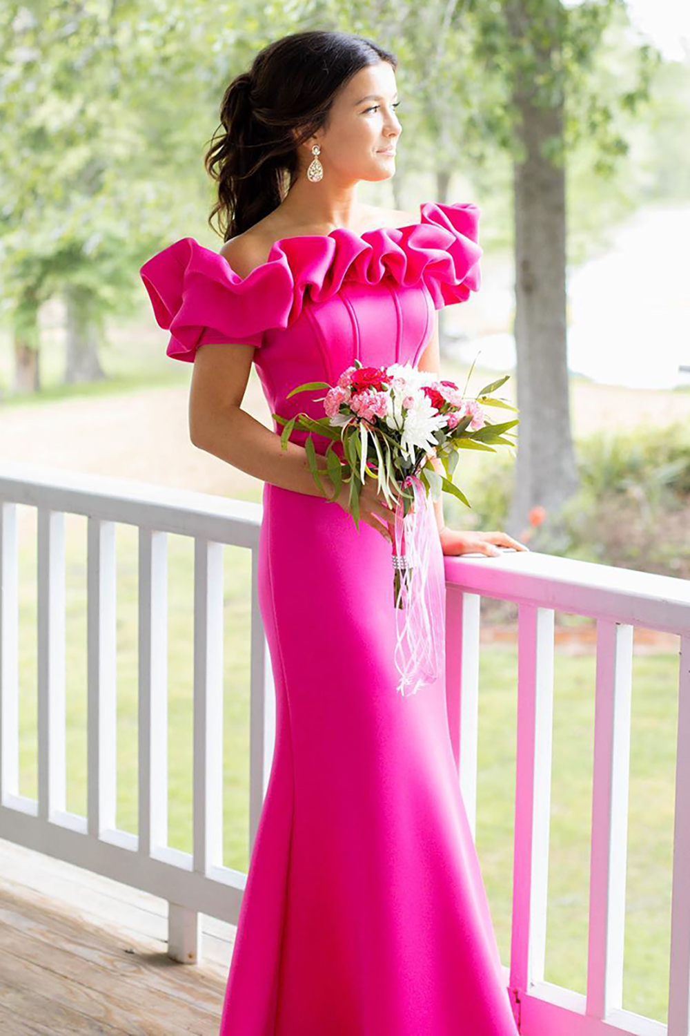 Fuchsia Off the Shoulder Mermaid Satin Long Corset Prom Dress with Ruffles