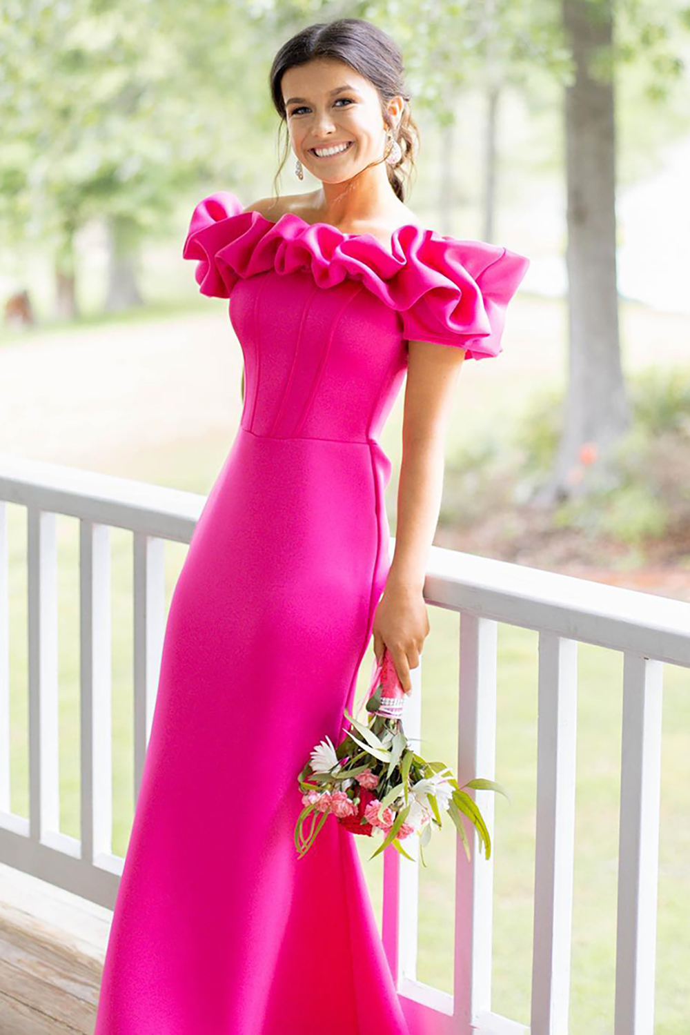 Fuchsia Off the Shoulder Mermaid Satin Long Corset Prom Dress with Ruffles