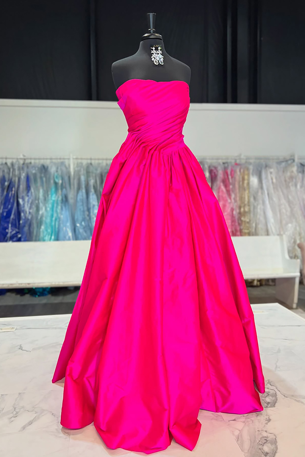 Fuchsia Sweetheart A-Line Satin Long Prom Dress