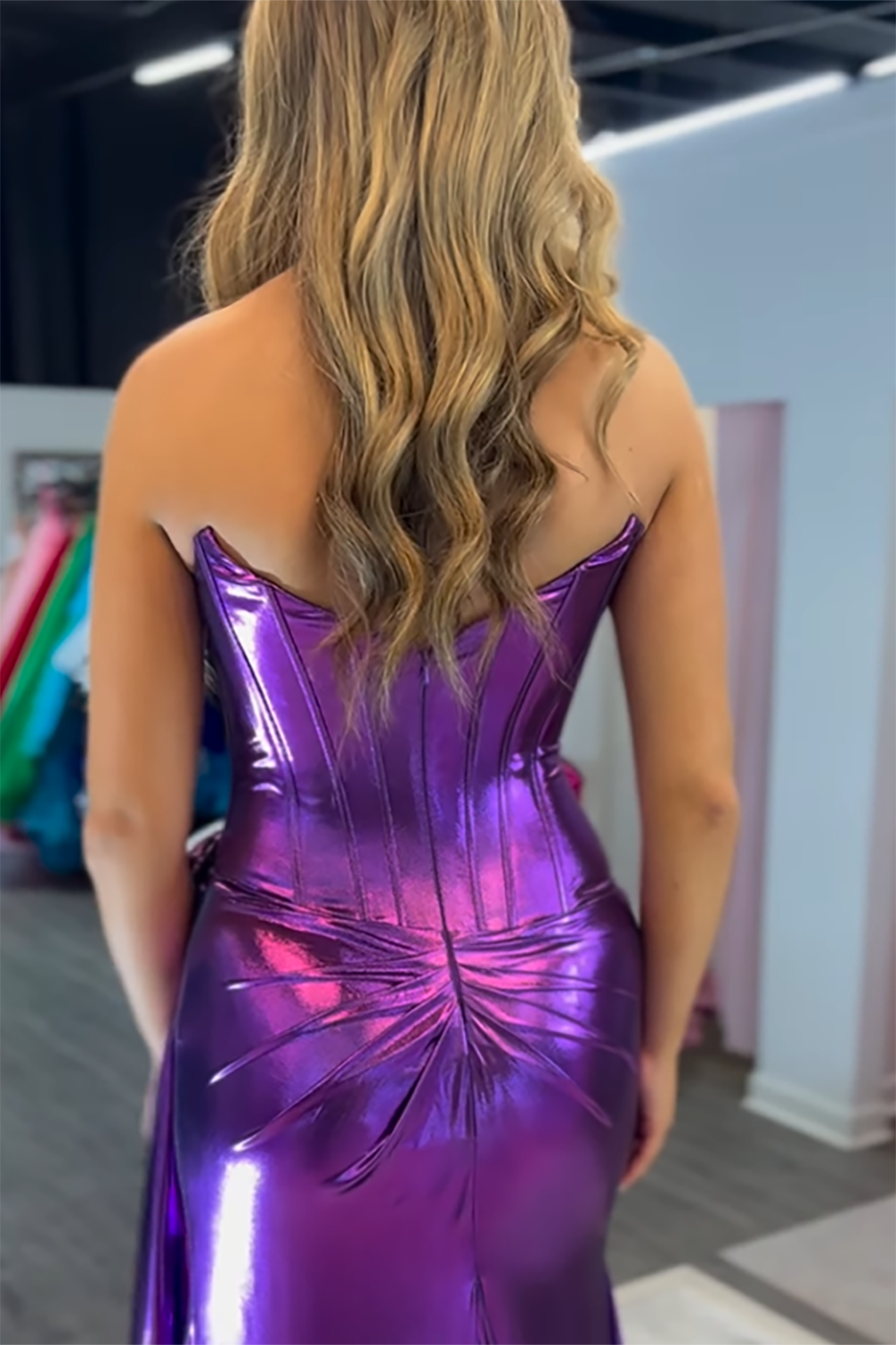 Purple Strapless Mermaid Metallic Long Prom Dress with Slit
