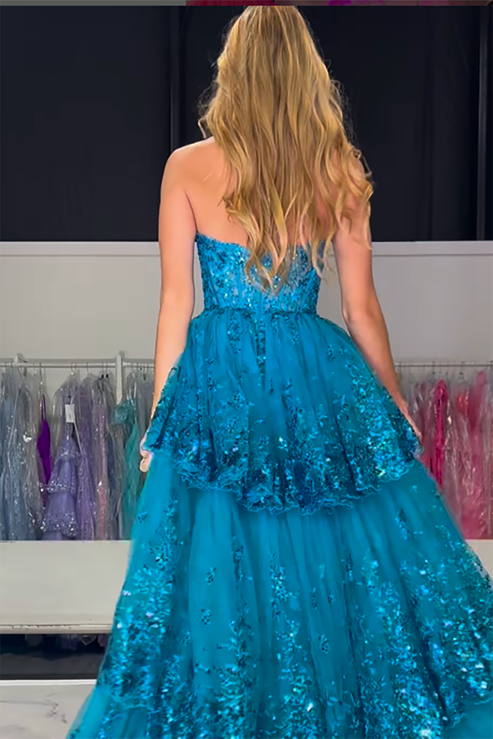 Sparkly Turquoise Sweetheart A-Line Sequin Applique Tulle Long Corset Prom Dress