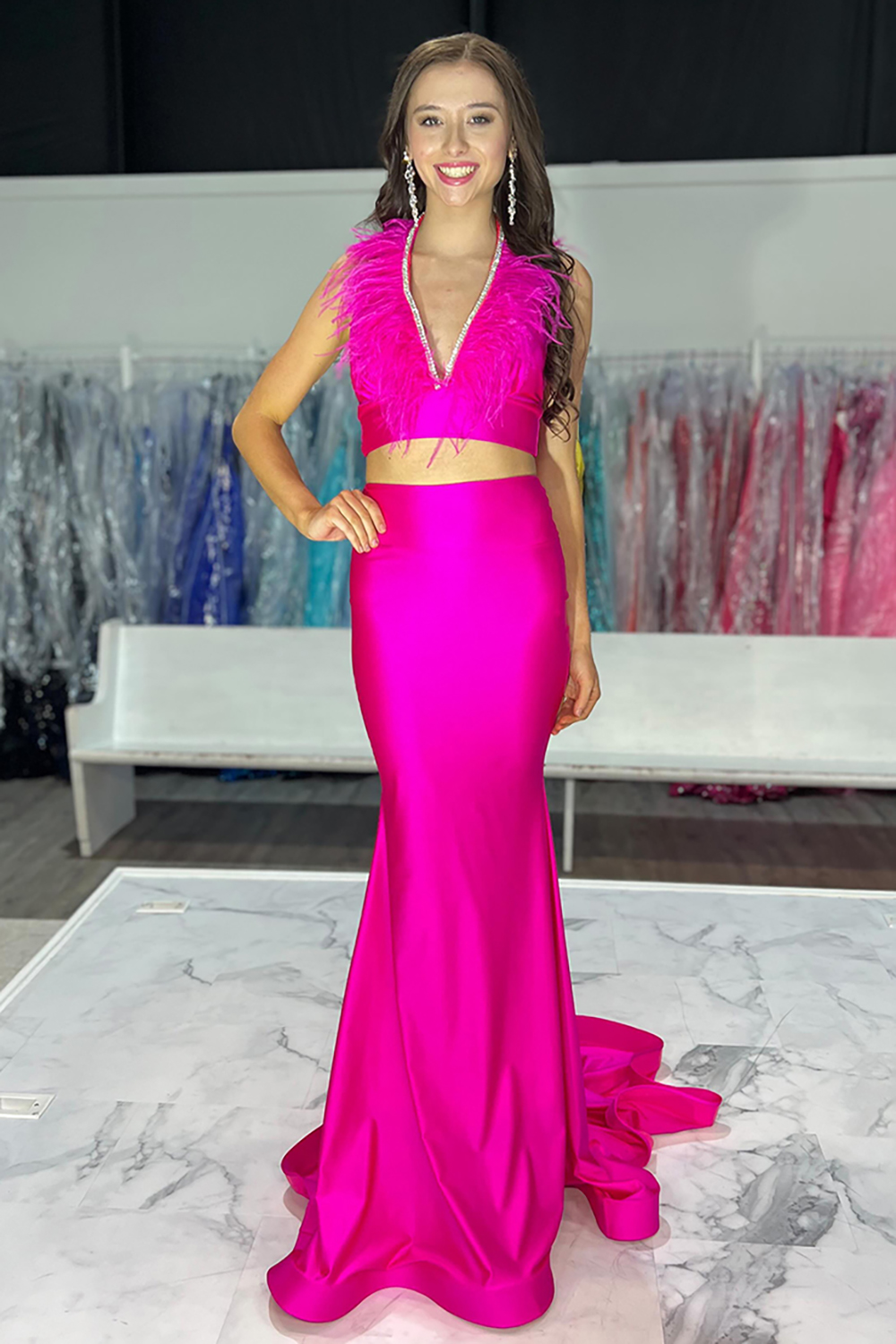 Fuchsia Halter Neck Mermaid Satin Long Prom Suits with Feather 