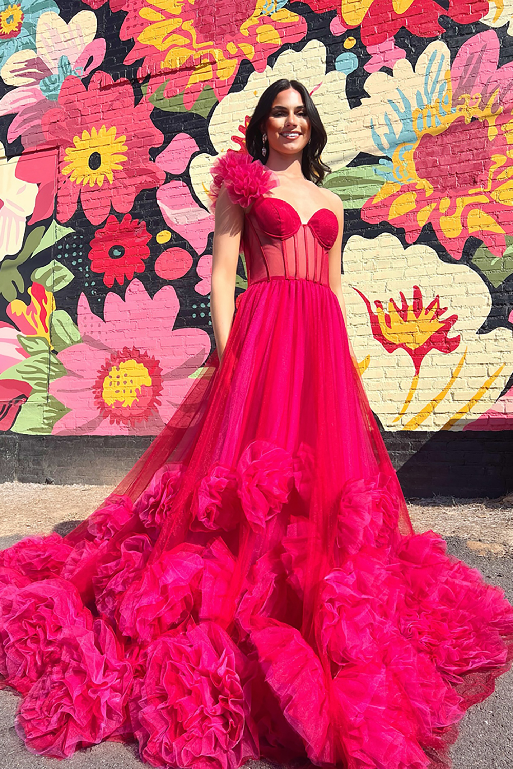 Fuchsia One Shoulder A-Line Tulle Long Corset Prom Dress with 3D Flowers