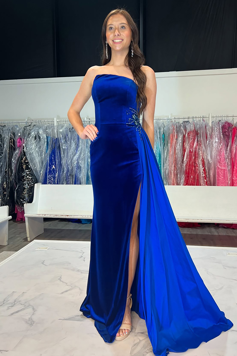 Royal Blue Strapless Mermaid Velvet Long Prom Dress with Slit