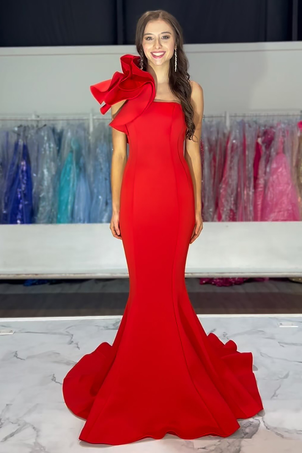 Red One Shoulder Mermaid Satin Long Prom Dress with Ruffles