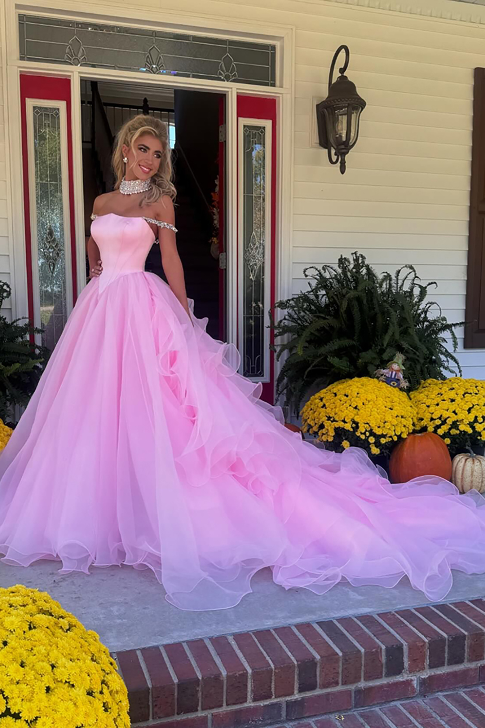 Pink Off the Shoulder A-Line Tulle Long Corset Prom Dress