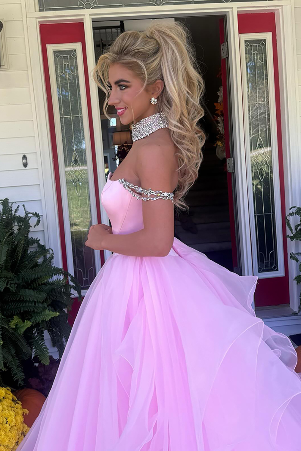 Pink Off the Shoulder A-Line Tulle Long Corset Prom Dress