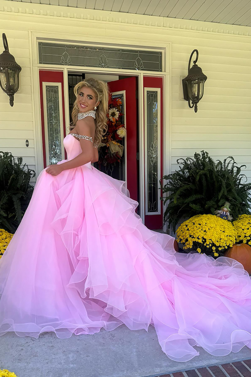 Pink Off the Shoulder A-Line Tulle Long Corset Prom Dress