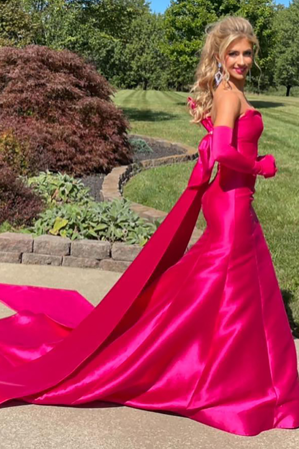 Fuchsia Sweetheart Mermaid Satin Long Prom Dress with Bow