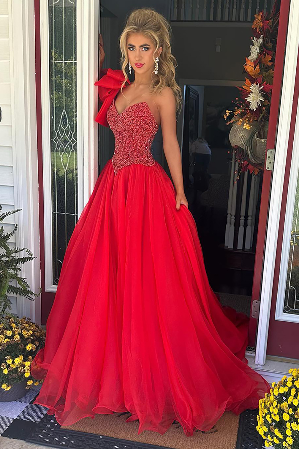Red One Shoulder A-Line Tulle Long Corset Prom Dress