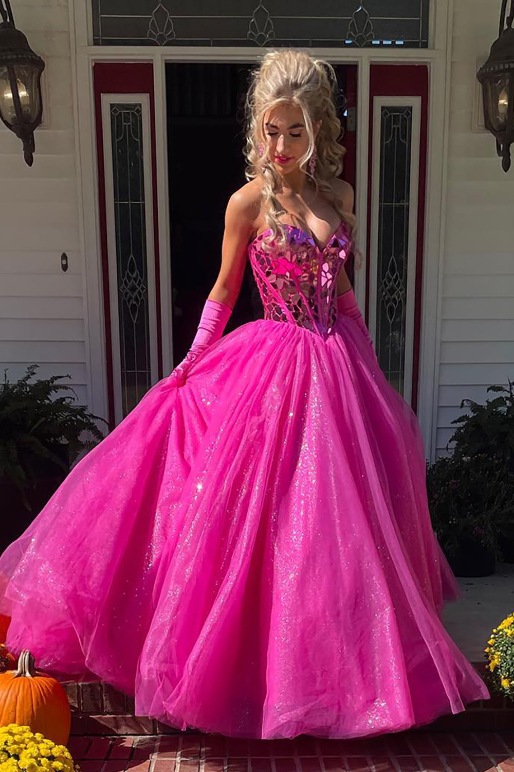 Sparkly Fuchsia Sweetheart Sequin A-Line Tulle Long Corset Prom Dress
