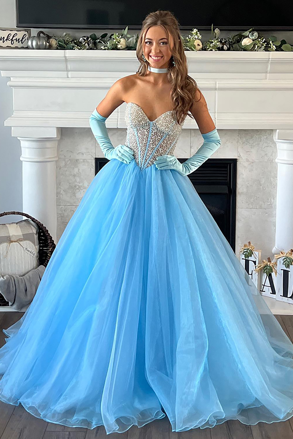 Light Blue Sweetheart A-Line Tulle Long Corset Prom Dress
