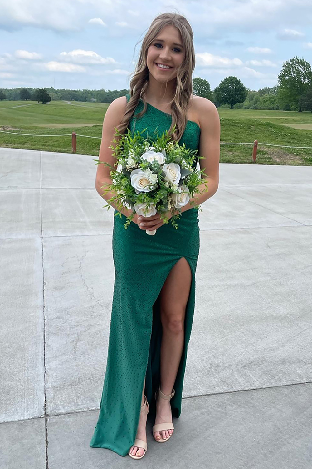 Emerald Green One Shoulder Mermaid Beaded Cut Out Long Prom Dress with Slit