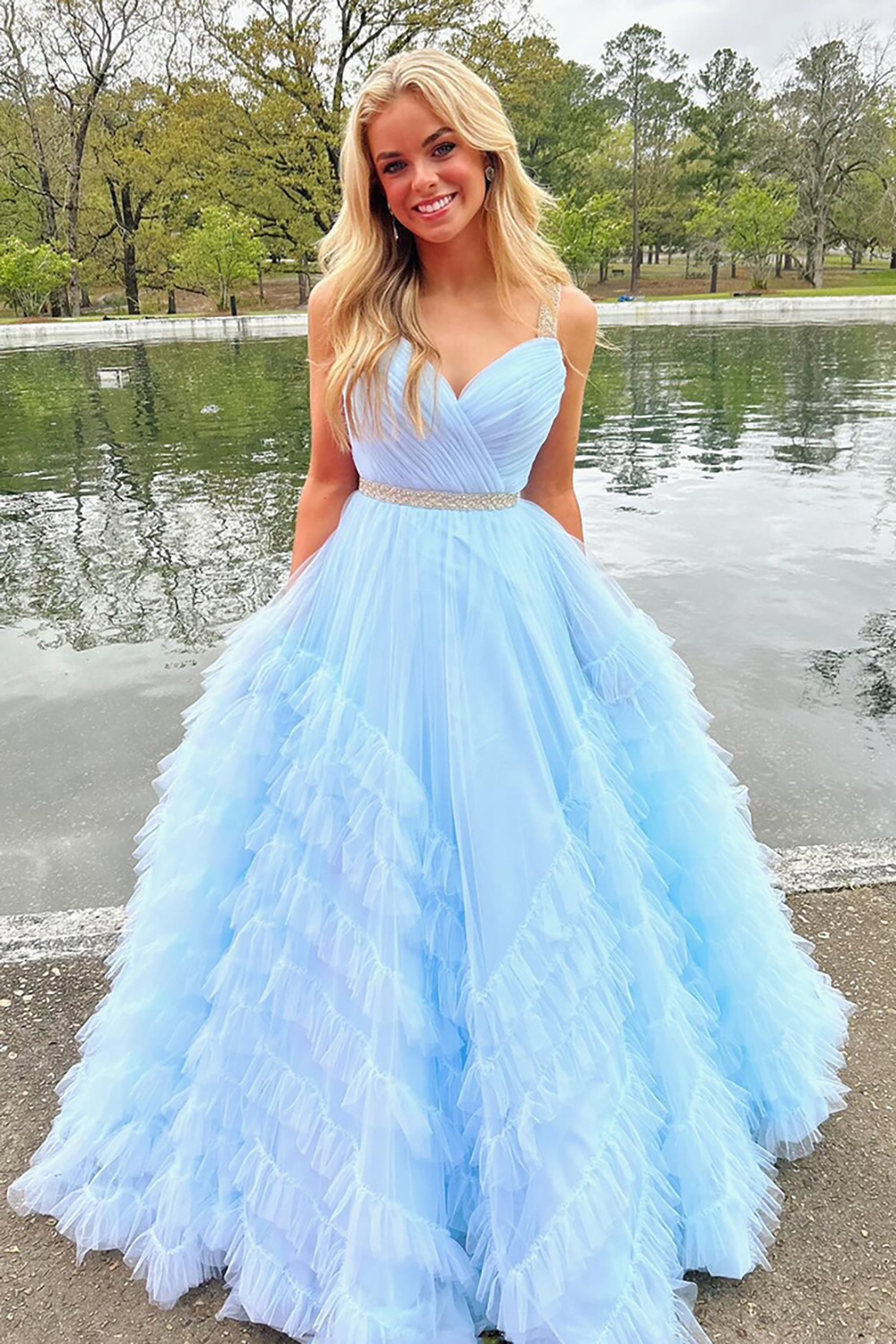 Light Blue Spaghetti Straps A-Line Tulle Tiered Long Prom Dress