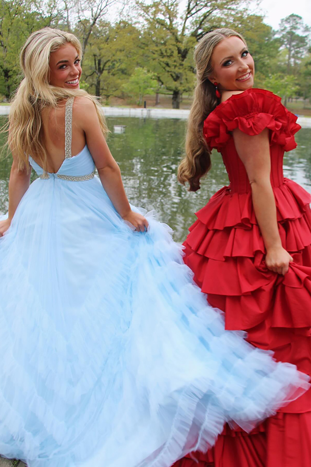 Light Blue Spaghetti Straps A-Line Tulle Tiered Long Prom Dress